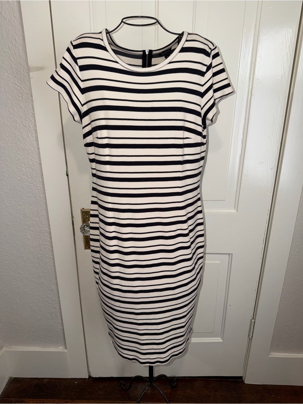 Ann Taylor Black and White Striped Midi Sheath Dress
